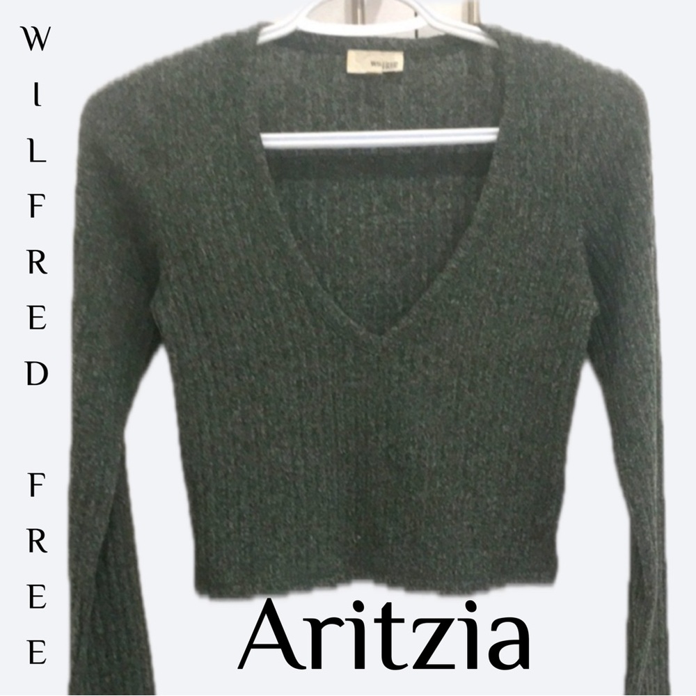 Wilfred Free Aritzia Gray Rib Knit Cropped Sweater V-Neck Top Small